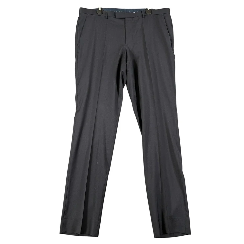 Hugo Boss Virgin Wool Dress Pants Men 38x34 Navy Blue Flat Front Business Formal